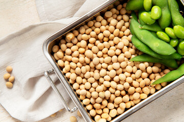 Wall Mural - Soybeans on light cotton and wooden background. Vegan food concept.