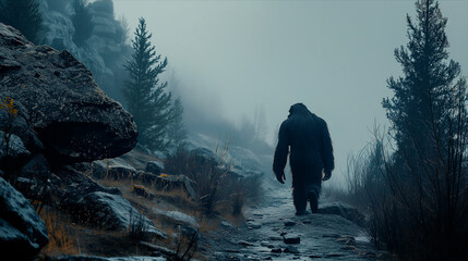 Bigfoot on foggy mountain path