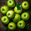 Green apples on wooden background. Fresh Green apple fruits