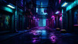 tunnel in the night.Animated Stream. Dark street in cyberpunk city gloomy alley with neon.A vibrant purple neon light illuminating the dark street