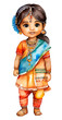 Watercolor and painting cute Hindu Indian tribe baby doll girl cartoon in National tribal ethnic costume lehenga choli or sari