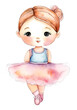 Watercolor and painting cute smiling baby doll girl cartoon is dancing ballet in a pretty skirt