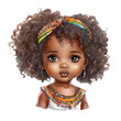 Watercolor and painting cute African American or Ethiopian tribe baby doll girl cartoon in National tribal ethnic costume