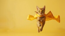 Superhero Canine Adorable Jumping And Flying Orange Tabby Cat Wearing A Yellow Mask And Cloak Against A Soft Yellow Background.