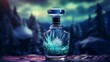 3D rendering of a perfume bottle with a blurred, mystical northern lights backdrop,