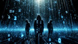 © ChristacilinCreative - A dark web cyber crime hacker concept with three hooded figures shrouded in mystery and anonymity, standing against the digital background wallpaper