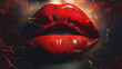Gorgeous Women Red Lips With Dripped Red Liquid Paint Color Lipstick Blurry Background
