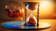 hourglass on a timer waiting cycleand mindfulness on a golden lighted background