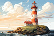 Beautiful sea view light house watercolor painted