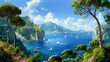 panoramic view of the sea with boats and Capri in the background, lush green pine trees on both sides of the water body, blue sky with a few clouds, the sea is azure