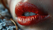 Very Close Up View of Beautiful Woman Lips With Red Glossy Lipstick
