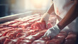 Food industry employee cuts raw pork up close for meat processing, refrigerated storage 