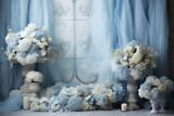Fototapeta  - Maternity backdrop, wedding backdrop, photography background with delicate blue flowers