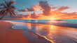 A panoramic view of a tropical beach at sunset, with vibrant hues of orange and pink reflecting off the calm ocean waves