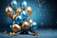 Golden And Blue Metallic Balloons. Holiday Celebration Background With Confetti