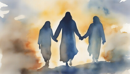 Watercolor painting of people holding hands with Jesus Christ.