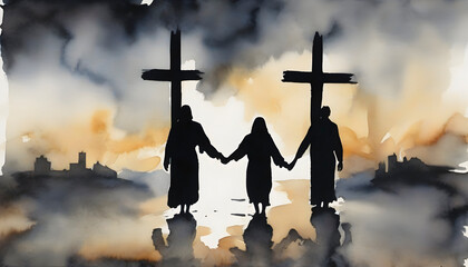 Wall Mural - Watercolor painting of people holding hands with Jesus Christ.