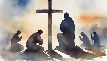 Wall Mural - Watercolor painting of people praying in front of the cross.