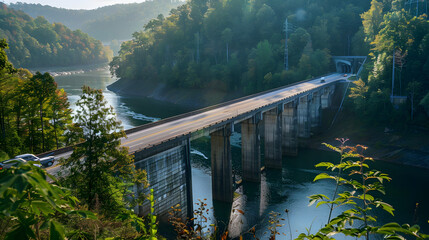 Wall Mural - Traffic crosses a bridge over a hydroelectric dam in eastern Tennessee