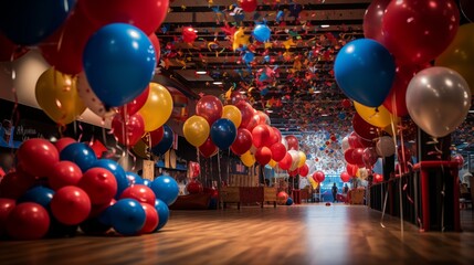 Wall Mural - Close-up of carnival-themed balloons and streamers decorating a party venue