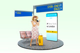 Fototapeta Niebo - appy woman girl with suitcase and passport standing next to a huge smart phone