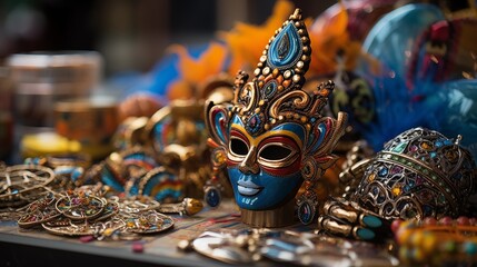 Wall Mural - Close-up of carnival-themed ornaments and trinkets at a souvenir shop