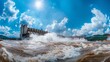 This captivating image features a grand dam releasing powerful streams of water into the river, symbolizing renewable energy and human engineering