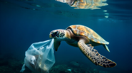 Plastic Pollution in Ocean - Turtle Eating Plastic Bag