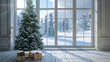 3d render Christmas tree on window beautiful view to snow