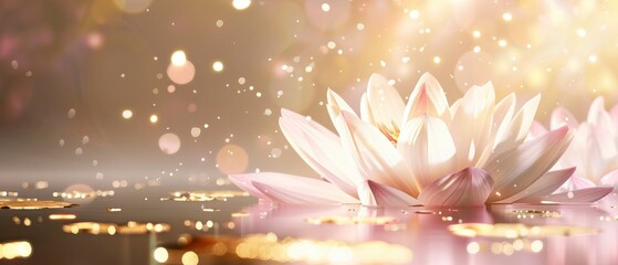 dazzling golden light, brilliant white lotus, and light pink background