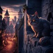 A fluffy grey cat with striking orange eyes sits atop an old stone wall, gazing upon a dreamy medieval cityscape as twilight settles in.