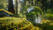 crystal ball on moss in the forest - environmental concept