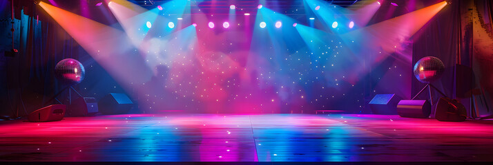 Poster - Empty dance floor on club stage under colorful spotlights and disco balls, emitting retro vibe, inviting electrifying dance show or concert, blending classic theatre ambiance with modern entertainment