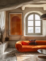 Canvas Print - Modern Living Room Interior with Arched Window and Orange Sofa