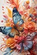 Digital Illustration of Colorful Butterfly on Roses Flowers. Printable Wallpaper 