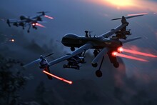 Predator Drone Locked On Target In A Virtual Hide And Seek Game, Dusk, High Tension, Dynamic Angle