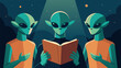 Three species of aliens gather around a human abductee each one holding a different section of an instruction manual. One alien flips through