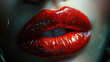 Macro Photograph of A Gorgeous Women Red Lips With Dark Red Color Lipstick Blurry Background