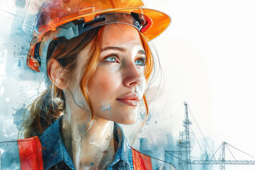 Wall Mural - Watercolor portrait of A female builder in safety helmet and reflective vest