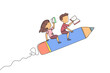 Single continuous line drawing the kids rides on a pencil-shaped rocket. Reading a book at a height. Read books anywhere. Very good habits. Book festival concept. One line design vector illustration