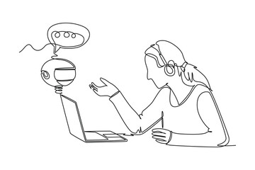 Continuous one line drawing Online communication with chat bot concept. Doodle vector illustration.