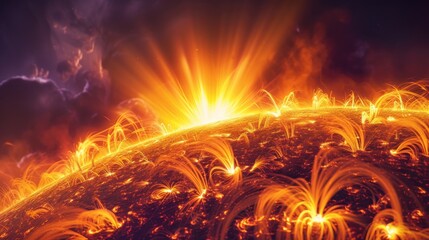 Wall Mural - A fiery sun is surrounded by a glowing orange planet.