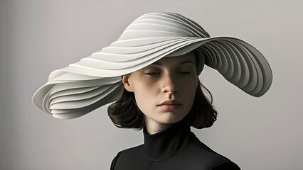 Wall Mural - Brunette female model wearing a futuristic abstract designer hat made of white fabric