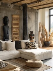 Wall Mural - Modern Ethnic-Inspired Living Room Interior with Decorative Artifacts and Textures