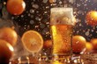 Glass of beer with bubbles and oranges on dark background, closeup