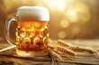 Glass of beer with wheat ears on wooden table on bokeh background
