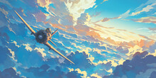 A World War II Fighter Plane Flies Over The Clouds At Sunset.