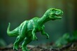 Close-up of green dinosaur model in the forest, selective focus