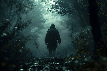 Canvas Print - A Lone Survivor Navigating Through a Hauntingly Eerie Forest,Seeking Refuge from the Looming Horrors