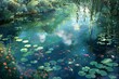 A tranquil pond teeming with lily pads and vibrant fish, its surface shimmering with the reflections of overhanging branches and fluffy clouds drifting lazily by